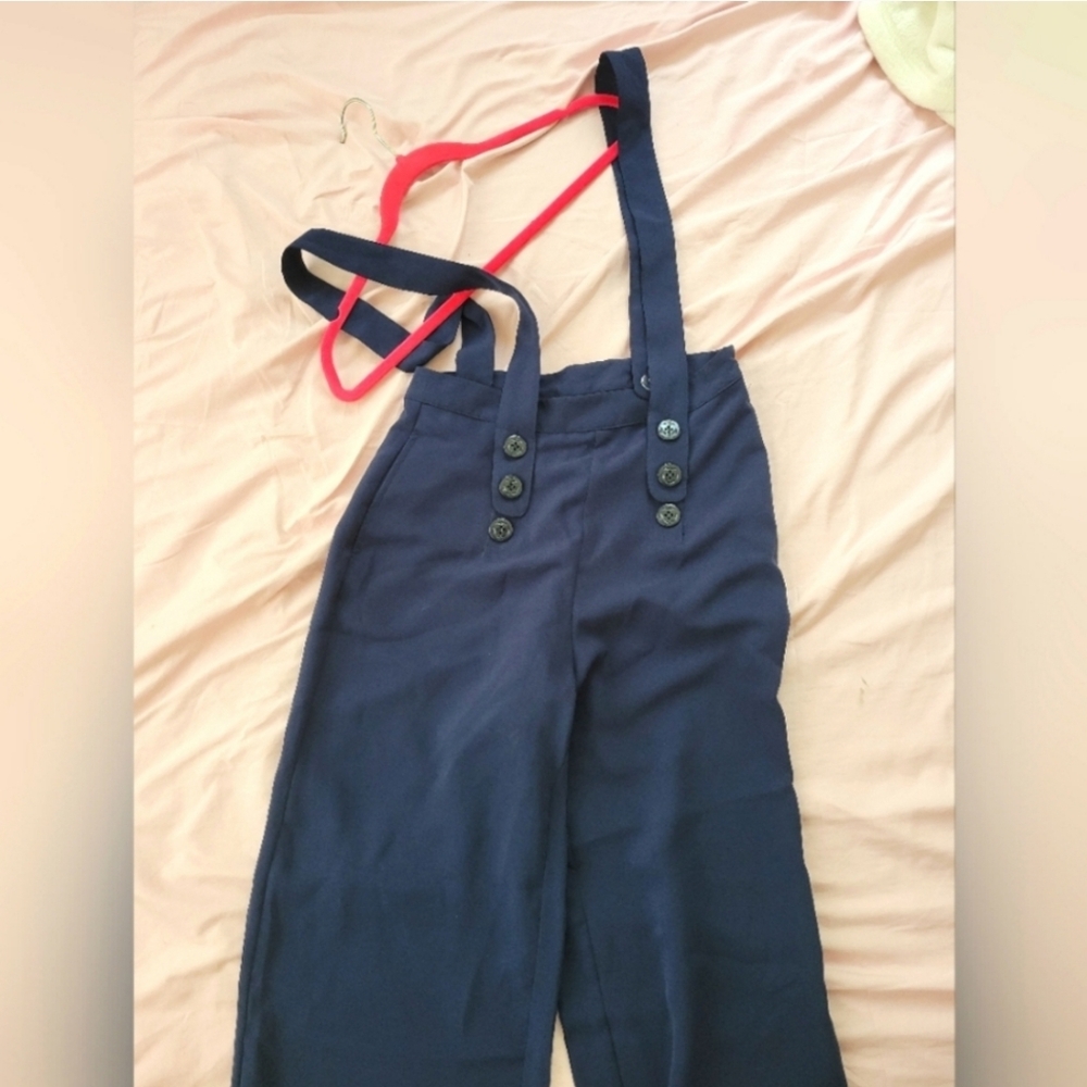 Sailor High Waisted Pants with Suspenders in Dark Blue